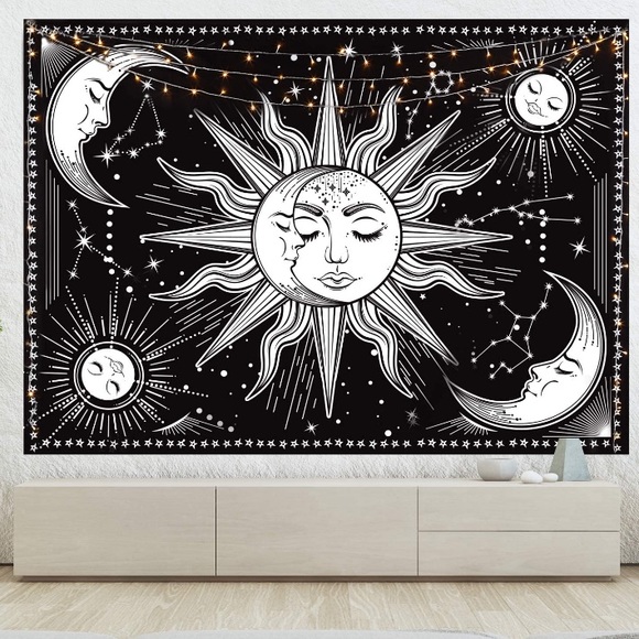 Hippie Sun/Moon Constellation Retro Black/White Tapestry Wall Dorm/Room Art Deco - Picture 5 of 5